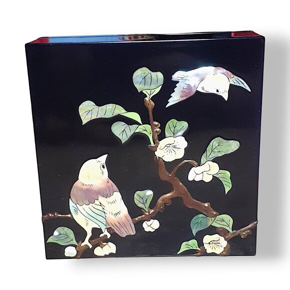 Japanese Raden Mother of Pearl Tea Flowers and Cassowaries Lacquer Jewelry Box - Picture 2 of 12